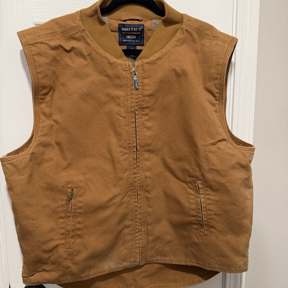 Smith’s Workwear Men’s XL Sherpa Lined Duck Canvas Vest Brown Full Zip Workwear
